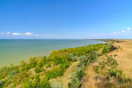 View of the sea from a high clay bank on a sunny summer day against the backdrop of a cloudless blue sky. Steppe with dried yellow grass and green trees on the coast. Colorful landscape.の写真素材