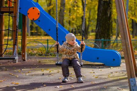 Baby girl sitting on a swing on a playground in an autumn park. Child in a jacket and hat. Yellow fallen leaves on the ground. Sunny day. Happy childhood.の写真素材