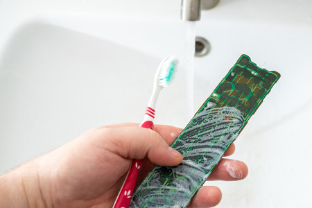 Cleaning the electronic board from the TV remote with a toothbrush, foam and soap.