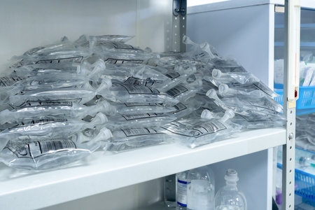 Moscow. Russia. March 11, 2021. A large pile of intravenous saline bags in a hospital on a rack. The inscription on the package in Russian indicates the instructions for using the solution.のeditorial素材