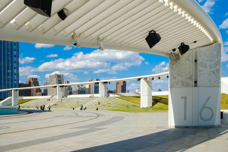 Moscow. Russia. May 26, 2021. Modern recreation area with abstract architectural forms in the Moscow...