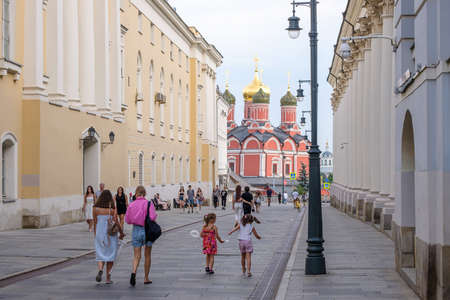 Moscow. Russia. August 1, 2021. People walk down the street in the historic center of Moscow on a summer day. Tourists explore the sights, architecture and Orthodox churches.のeditorial素材