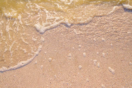 Soft calm waves on the sea sand. Clear clean water washes fine golden sand. Flat layout.