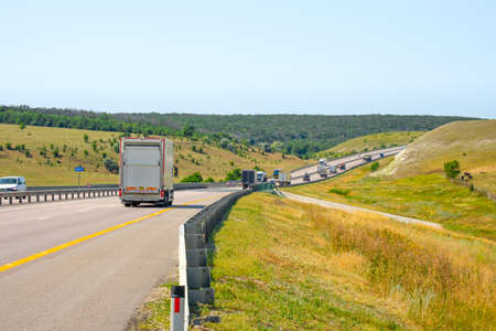 Voronezh region. Russia. July 23, 2021. View of the M4 Don highway among the hills on a sunny day. A...