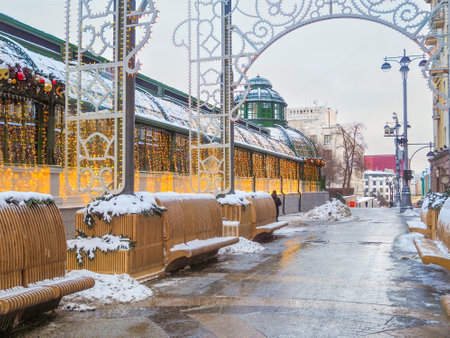 Moscow. Russia. December 23, 2021. View of the Moscow street, decorated for the New Year and Christmas holidays.のeditorial素材