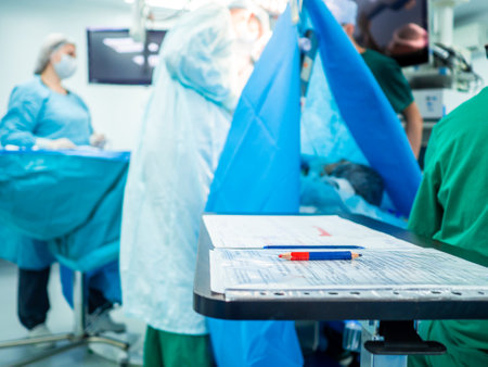 A red and blue pencil lies on the surgical protocol on a table in the operating room. Selective focus. On a blurry background, surgery. Recording the course of surgery.の写真素材