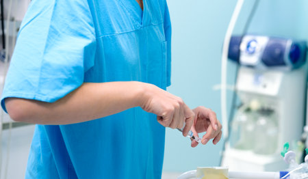 The doctors hand draws medicine from an ampoule into a medical syringe. Selective focus. Syringe with vaccine in doctors hand. Soft focus. Injection. The concept of vaccination.の写真素材