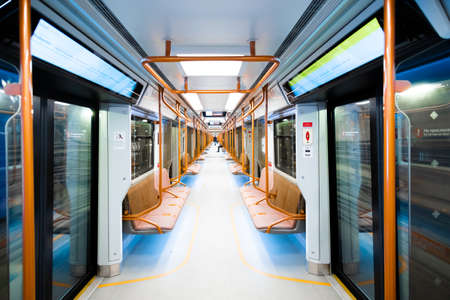 Moscow. Russia. December 7, 2021. The interior of a carriage of a modern Moscow metro train.のeditorial素材