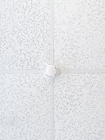 Smoke sensor on the ceiling in the office room. Fire alarm element. Workspace security.