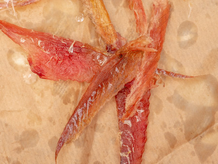 Pieces of oily dried salted fish on crumpled craft paper. View from above. Flat layout.の写真素材
