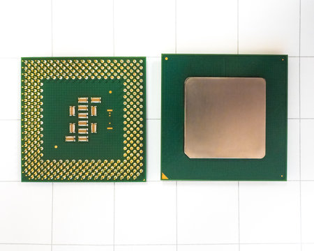 Top view of computer processors on a white background. Flat layout. Microelectronic components.の写真素材