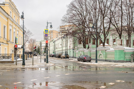 Moscow. Russia. February 25, 2023. View of the intersection of Prechistenka street and Prechistensky lane in Moscow on a cloudy winter day.のeditorial素材