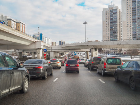 Moscow. Russia. March 7, 2023. Traffic jam in Moscow during rush hour. Cars are stuck in a traffic jam on a city street.のeditorial素材