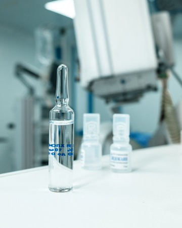 Glass ampoule with medicine on the table in the operating room. selective focus.