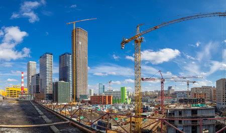 Moscow. Russia. April 1, 2023. Panoramic photo of a construction site on a sunny day. Construction...
