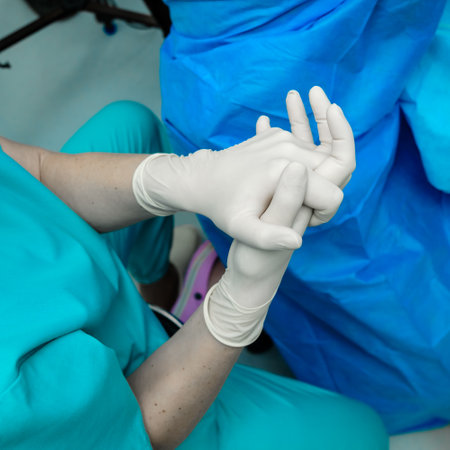 Interlocked fingers of the doctors hands in sterile gloves. Selective focus.