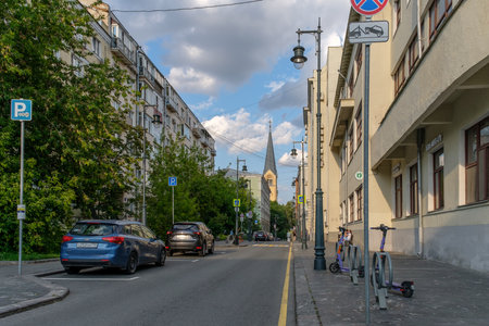 Moscow. Russia. July 1, 2023. View from Petrovsky Lane on the spire of the Evangelical Lutheran Cathedral of Saints Peter and Paul in Moscow.のeditorial素材