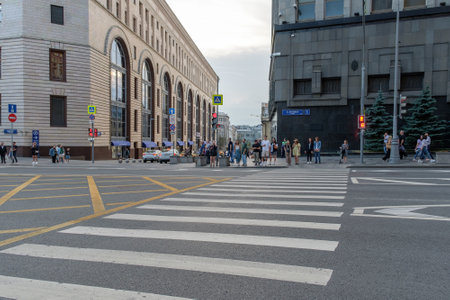 Moscow. Russia. July 1, 2023. View of a pedestrian crossing against the background of the central childrens store in Moscow.のeditorial素材