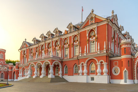 View of the facade of the Petrovsky Travel Palace in Moscow on a summer evening against a cloudless sky. Moscow. Russia. June 16, 2023.のeditorial素材
