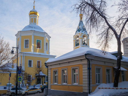 View of the Orthodox Church of the Prophet Elijah in Obydensky Lane on a winter evening. Moscow. Russia. January 19, 2024. High quality photoのeditorial素材