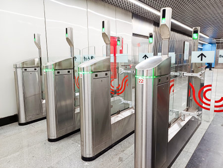 Modern automatic turnstiles in the Moscow metro. Moscow. Russia. February 8, 2024.のeditorial素材