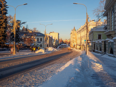 View of Volkhonka Street in Moscow on a sunny winter day. City street covered with snow after a snowfall. Moscow. Russia. January 19, 2024. High quality photoのeditorial素材