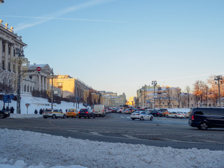 Car traffic jam on Mokhovaya Street in Moscow on a winter evening. Moscow. Russia. January 19, 2024. High quality photoのeditorial素材