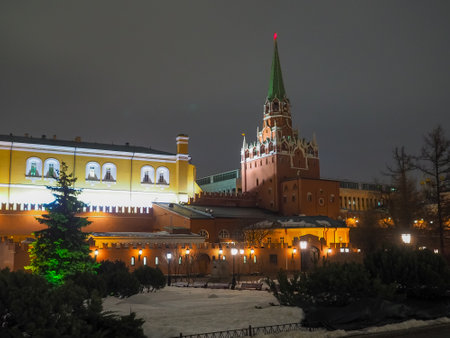 View of the tower and walls of the Moscow Kremlin from the Alexander Garden at night. Moscow. Russia. March 17, 2024のeditorial素材