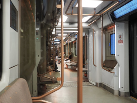 Passengers in a modern comfortable carriage of the Moscow metro. Convenient city transport. Moscow. Russia. June 19, 2024.のeditorial素材