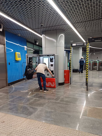 A male technician repairs a ticket terminal in the lobby of the Moscow metro. Moscow. Russia. June 27, 2024のeditorial素材