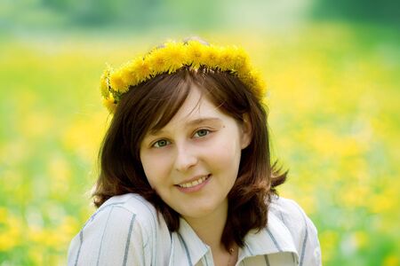 portrait of beautiful girl in flower diademの写真素材