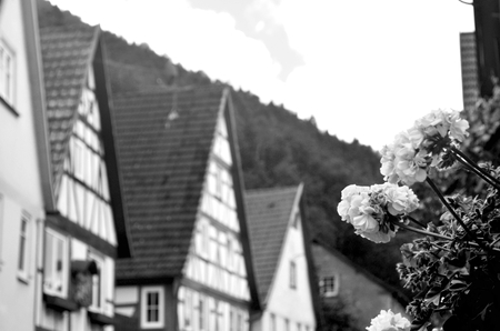 Traditional houses in a German village, with white walls, sloping roofs and wooden detailing. A window box with flowering geraniums frames the view.の写真素材
