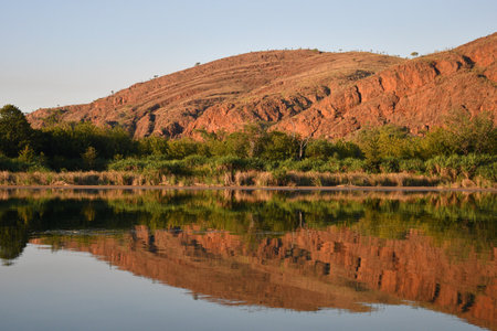 Hills of red earth and red rocks in the Kimberley area of Western Australia rise beside a river. A forest of grasses and trees border the hills. Both are reflected in the water. The sky is blue.の写真素材
