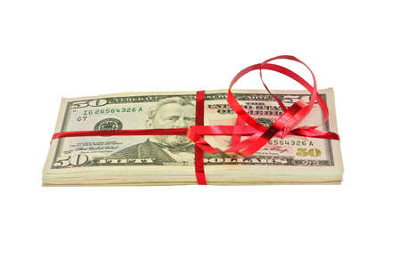 Stack of dollars tied up with ribbon