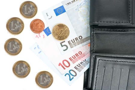 Euro coins and banknotes with wallet isolated on white