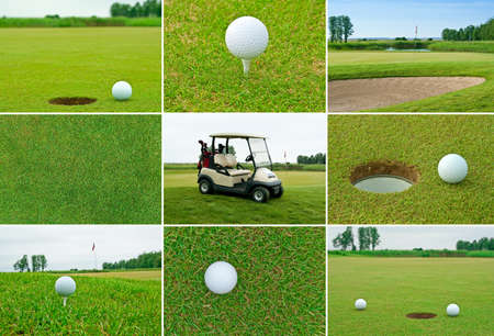 Set of golf balls, golf course and golf car.の写真素材