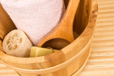 Sauna accessories in bucketの写真素材