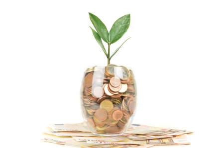 Glass with coins on Euro banknotes isolated on whiteの写真素材