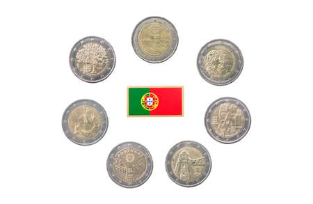 Collection of commemorative coins of Portugal  isolated on whiteの写真素材