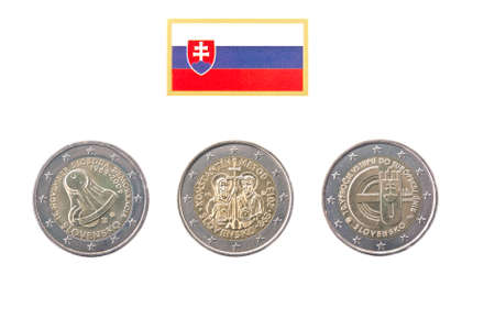 Collection of commemorative coins of Slovakia  isolated on whiteの写真素材