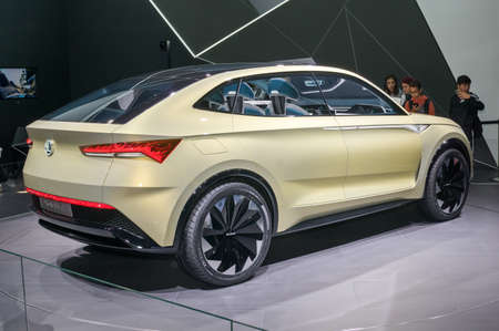 Frankfurt-September 20:  Skoda Vision E concept at the Frankfurt International Motor Show on...