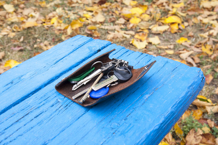 A bunch of keys on a blue wooden board The keys in the purse lie on a blue bench in the park....
