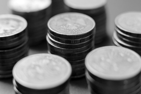 Metal money is like chess. Black white photo of Russian money arranged as chessの写真素材