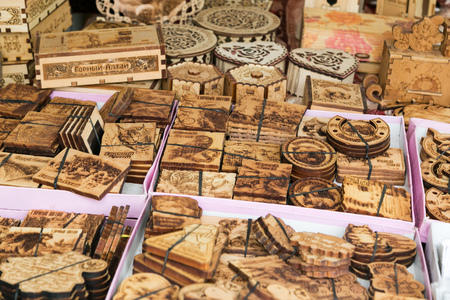 Exhibition of souvenirs from wood. Products from the tree of masters from Altai.の写真素材