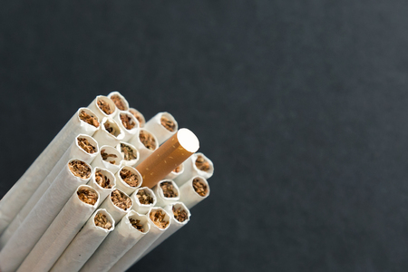 A thick bundle of cigarettes. Many tobacco cigarettes on a black background. Sticks out a cigarette filter.の写真素材