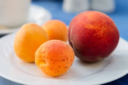 Breakfast at the fresh fruit restaurant. Apricots and peach as easiest fast and healthy breakfastの写真素材