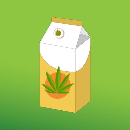 Canabis milk in a tall box of white yellow with hemp leaf emblem on a green background.のイラスト素材
