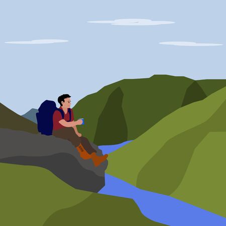 A happy tourist with a large backpack sits on a large stone, drinks tea from a mug against the backdrop of high mountains and a fast river.のイラスト素材