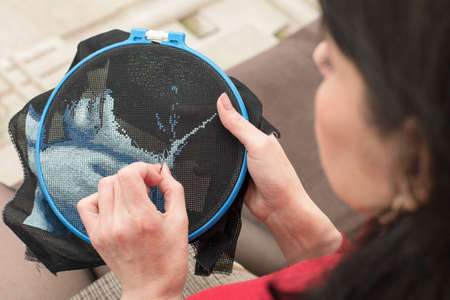 Cross-stitch embroidered pattern on fabric, handmade, close-up.の写真素材