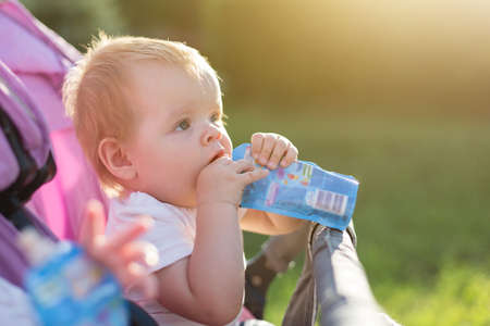 A small child on a walk has lunch in a stroller.の写真素材